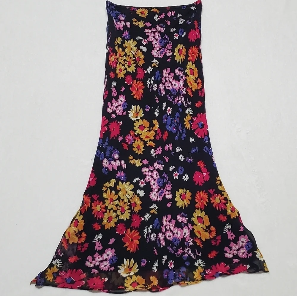 90s-Y2K Vintage Retro Express Silk Chiffon Black Multi-color Floral Midi Skirt S - Picture 8 of 13
